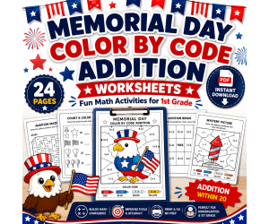 Memorial Day Color By Code Addition Worksheets | 1st Grade Math PDF