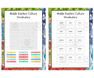 Middle Eastern Culture Vocabulary word search, scramble and crossword
