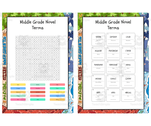 Middle Grade Novel Terms word search, scramble and crossword puzzle