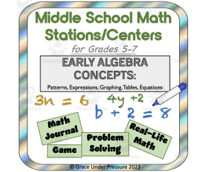Middle School Math Stations or Centers: Early Algebra: Patterns, Expressions, Tables, Graphing, and Equations