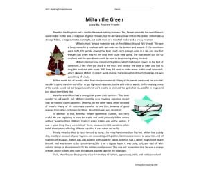 Milton the Green Reading Comprehension Worksheet
