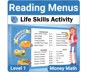 Money Math Life Skills Worksheet: Reading Restaurant Menus Level 1