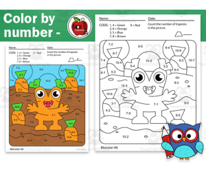 Monsters Color By Code Worksheet Subtraction operation
