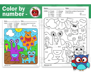 Monsters Color By Code Worksheet -Subtraction