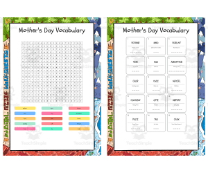 Mothers Day Vocabulary word search, scramble and crossword puzzle