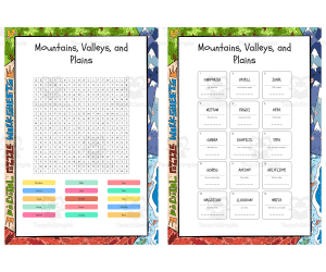 Mountains, Valleys, and Plains word search, scramble and crossword