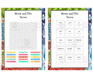 Movie and Film Terms word search, scramble and crossword puzzle