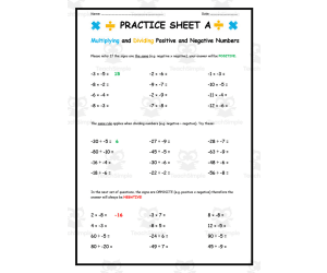 Multiplying + Dividing Positive and Negative Numbers Practice Sheet A