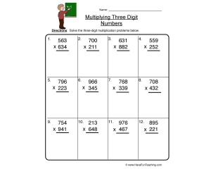 Multiplying Three Digit Numbers Worksheet