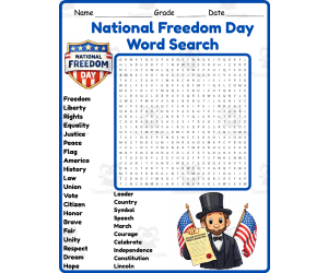 National Freedom Day Word Search 2rd 3th 4th 5th Grade worksheet