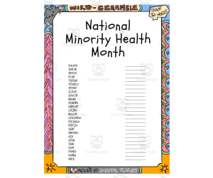 National Minority Health Month word Scramble puzzle worksheet