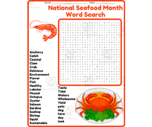 National Seafood Month Word Search Puzzle Worksheet Activities