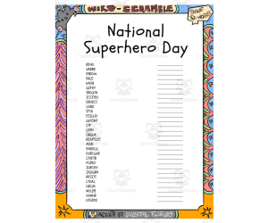 National Superhero Day word Scramble puzzle worksheet