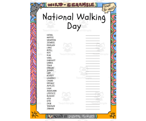 National Walking Day word Scramble puzzle worksheet