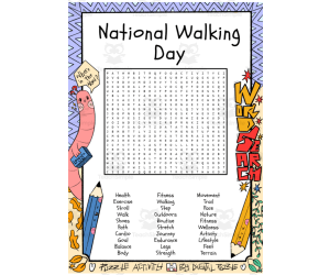 National Walking Day word search puzzle worksheet activity