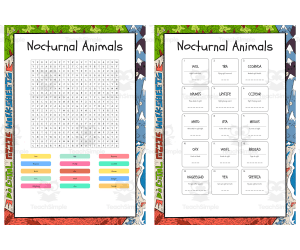 Nocturnal Animals word search, scramble and crossword
