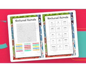 Nocturnal Animals word search, scramble and crossword