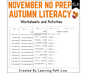 November No Prep ELA Pack | Fall Grammar Worksheets | Autumn Literacy