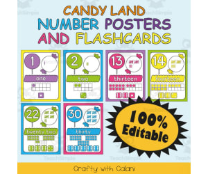 Number Recognition Poster & Flashcards in Candy Land Theme - 100% Editable