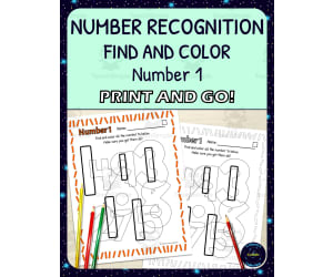 Number Recognition Worksheets - Number 1 - Find and Color Activities - Printable