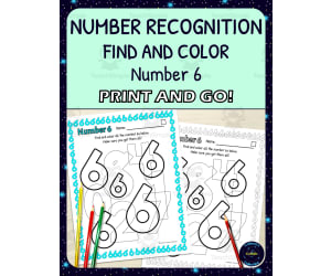 Number Recognition Worksheets - Number 6 - Find and Color Activities - Printable