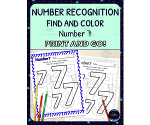 Number Recognition Worksheets - Number 7 - Find and Color Activities - Printable