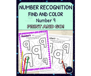 Number Recognition Worksheets - Number 9 - Find and Color Activities - Printable