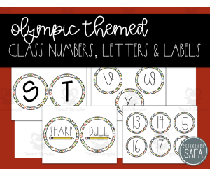 Olympic Themed Class Numbers, Word Wall Letters, and Sharp/Dull Labels