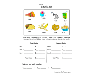Ordering from a Snack Bar Worksheet