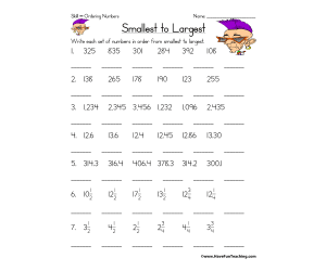 Ordering Sets of Numbers Worksheet