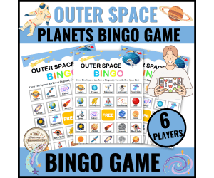 Outer Space Bingo Game Planets Stars Rockets Fun activity for PreK, Ki