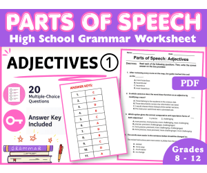 Parts of Speech | Adjectives | High School Grammar Worksheet (PDF)