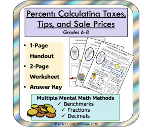 Percent Word Problems: Calculating Taxes, Tips, Sale Prices Worksheets