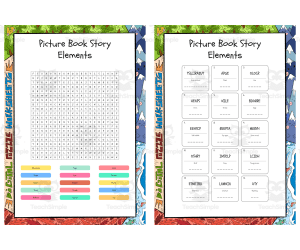 Picture Book Story Elements word search, scramble and crossword puzzle