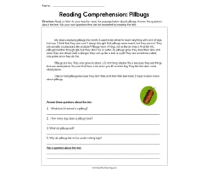 Pillbugs Reading Comprehension Worksheet