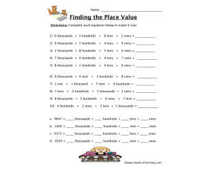 Place Value Thousands, Hundreds, Tens, Ones Worksheet