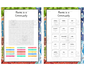 Places in a Community word search, scramble and crossword puzzle