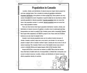 Population Distribution in Canada Reading Packet