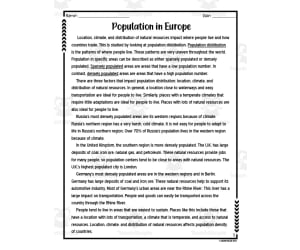 Population Distribution in Europe Reading Packet