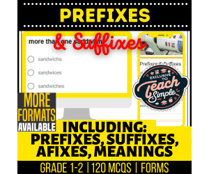 Prefixes and Suffixes Practice Questions - Grades 1-2 Grammar (Forms)