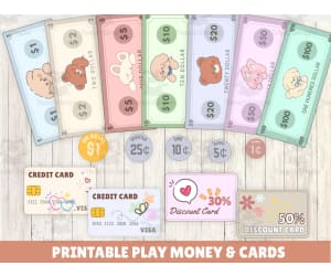 Printable pretend money, coins and card