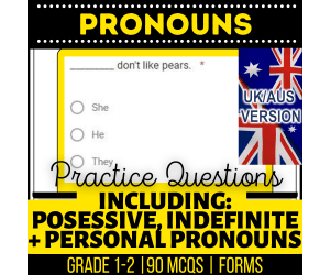 UK/Aus Spelling Pronouns Grammar MCQs Year 2-3 (Forms)