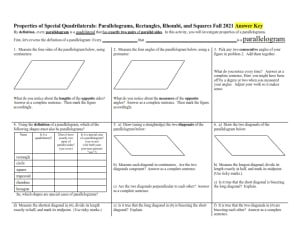 Properties of Special Quadrilaterals: Parallelograms, Retangles, Rhombi, and Squares