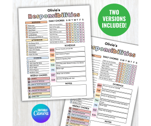 Responsibility Chore Chart, Daily & Weekly Checklist, Responsibilities