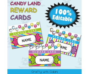 Reward Cards with Hole Punch Points in Candy Land Theme - 100% Editable