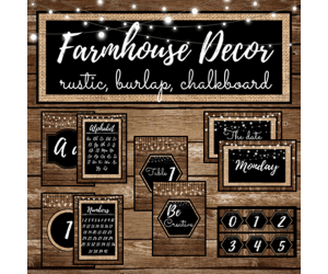 Rustic Farmhouse Classroom Decor Set - Rustic wood, Shirlap, Burlap & chalkboard patterns theme