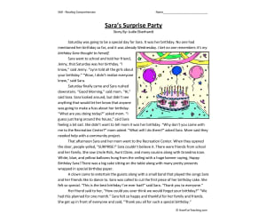 Sara's Surprise Party Reading Comprehension Worksheet