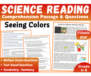 Science Reading Comprehension Passage: Seeing Color (Fillable PDF)