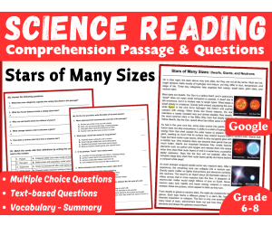 Science Reading Comprehension Passage. Stars of Many Sizes (Docs)