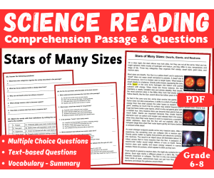 Science Reading Comprehension Passage. Stars of Many Sizes (PDF)
